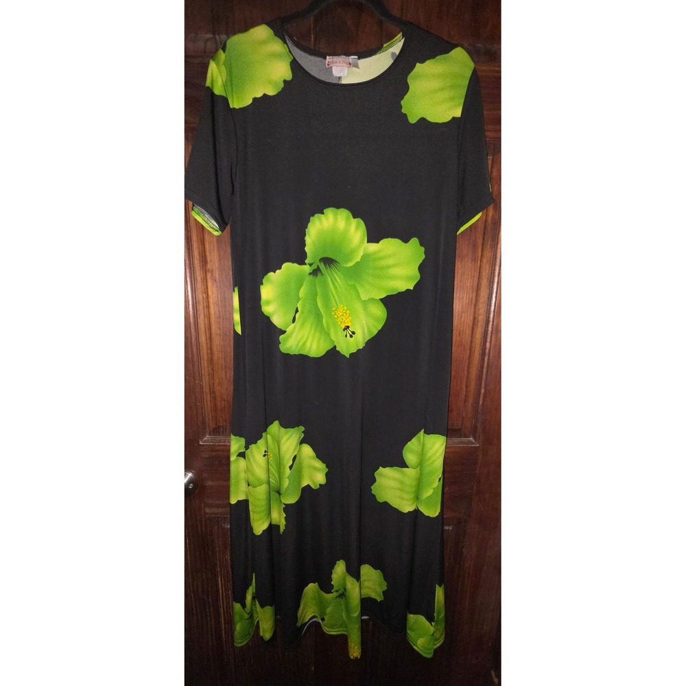 Kisses & Hugs Womens XL Maxi Dress Black Green Hibiscus Floral Tropical Summer